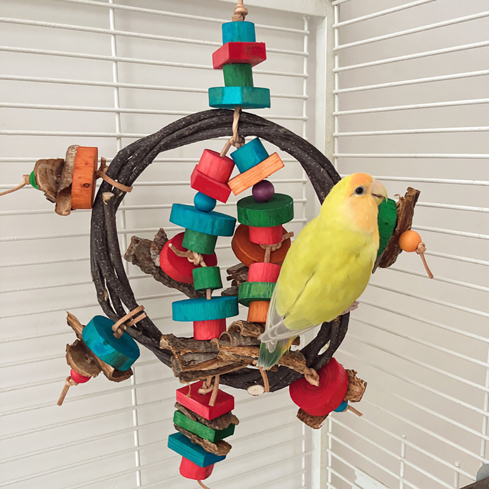 Parrot Toys Nature Wood Bird Chewing Toys Bird Cage Accessories Colorful Wooden Blocks Bird Chewing Toy Cage Rope Chewing Toy