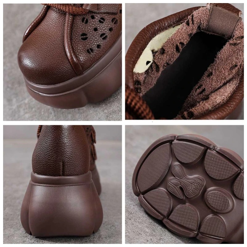 Fujin 6cm Rubber Breathable Sandals Booties Summer Women Ankle Boots Shoes Hollow Ethnic Genuine Leather Fashion Chunky Heels