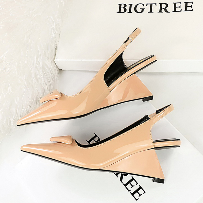 BIGTREE Shoes 2024 New Wedges Heels Women Patent Leather Woman Pumps Hollow Back Strap Women Sandals Elegant High Heels 6.5 Cm