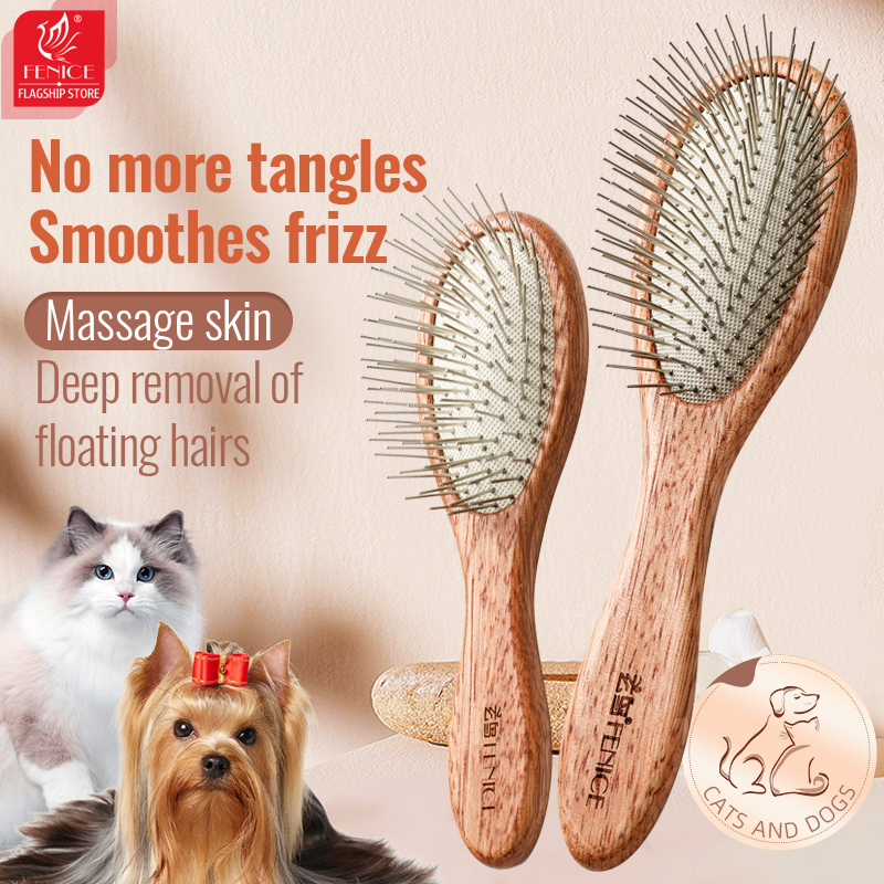 Fenice Pet Comb Solid Wood Handle in Cat Dog Hair Remover Brush Fur Combs Grooming Tool For Pet Cleaning Supplies Accessories