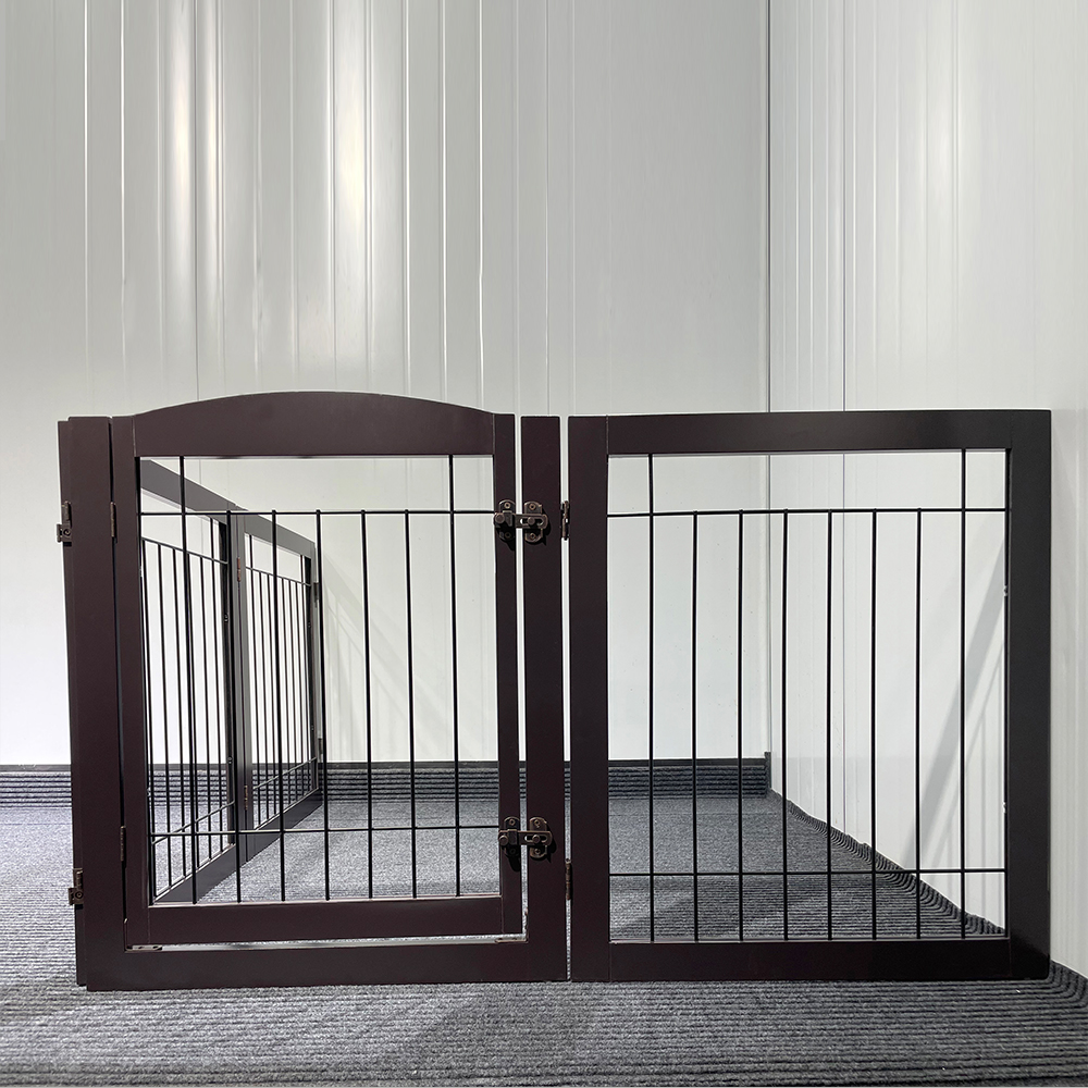 OEM design wooden or MDF dog Barrier Fence for pet gate indoor Barrier Foldable Stair Free-standing Pet Gate for Dog Wooden Dog