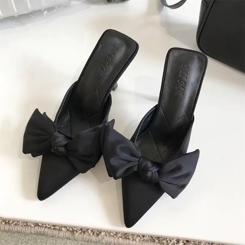 Style Butterfly-knot Mules Women Slippers Elegant Pointed Toe Thin High Heels Ladies Summer Fashion Party Prom Shoe2024