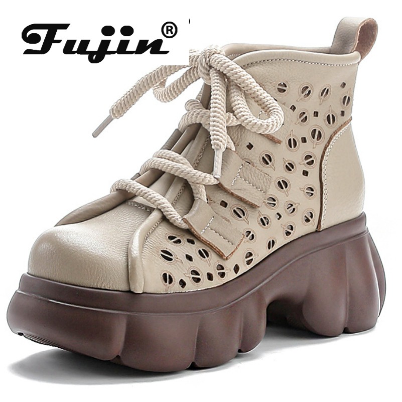 Fujin 6cm Rubber Breathable Sandals Booties Summer Women Ankle Boots Shoes Hollow Ethnic Genuine Leather Fashion Chunky Heels