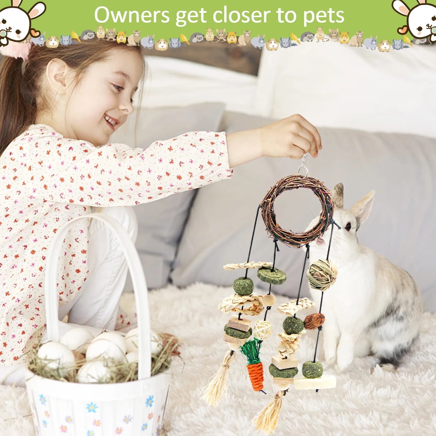 Bunny Chew Toys, Bird Rabbit Chew Toys for Teeth Grinding, Hanging Birds Toy for Birdcage, Improve Pets Dental Health