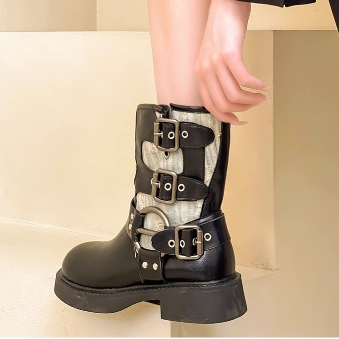 New 2023 Autumn Fashion Denim Camo Ankle Patchwork Fabric Platform Women's Sports Boots 2138