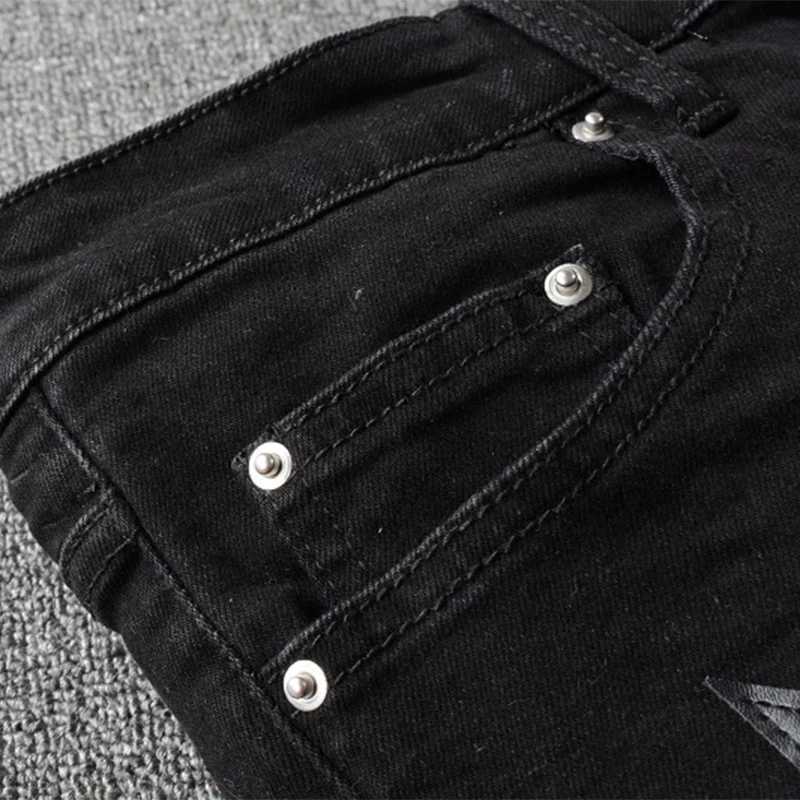 Men's Jeans Mens leather star patch jeans black stretch denim pencil pants ultra-thin patch work clothes J240830