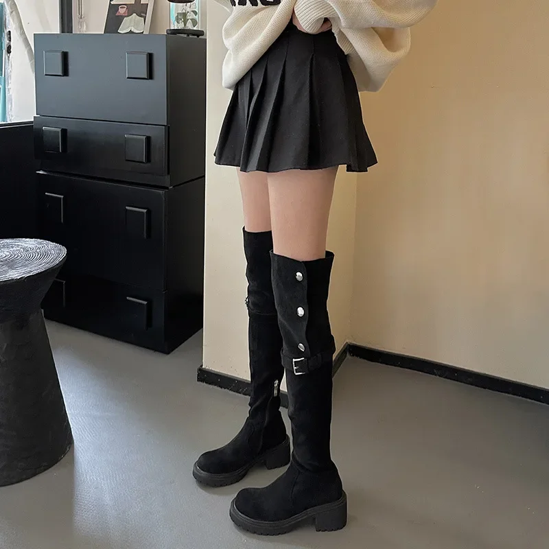 Women Platform Shoes Flat Fur Warm Chelsea Boots New Fashion Suede Over The Knee Boots Short Plush Cotton High Botas 2024