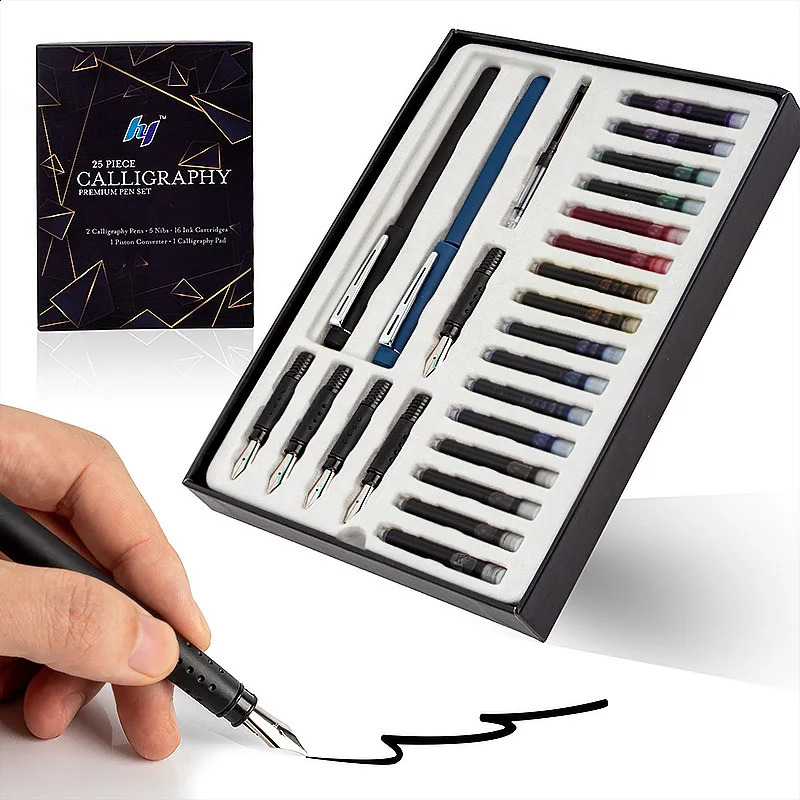 25 Piece Calligraphy Pen Writing Set 2 Fountain Pens 5 Nibs 16 Ink Cartridges for Art Gothic Flower Font English Sketch Drawing 240902