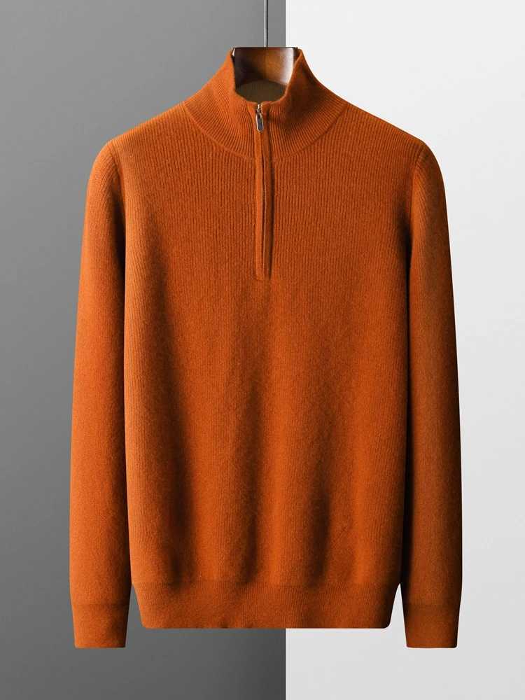 Autumn Winter Men Cashmere Sweater Pullover Mock Neck Zippers Thick Striped 100% Merino Wool Knitwear Casual Color block Clothes M240903