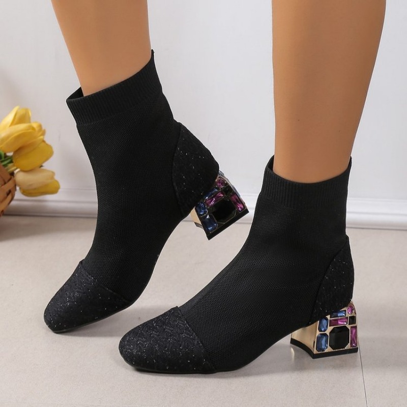 Patchwork Women Sequin Ankle Winter Round toe Colorful Rhie Square Heels Fashion Elastic Short Boots Banquet Shoes 4673
