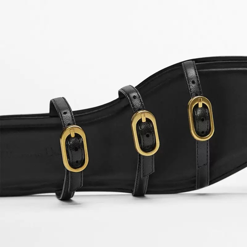 Buckle Strap Flat Slippers For Women 2024 Summer Round Head Open Toe Slipper Women New Leisure Black Indoor Sandals Shoes Ḁ