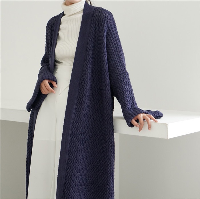 Autumn and winter loose long knitted cardigan jacket, women's lazy style, over the knee thick thread, plus size temperament sweater