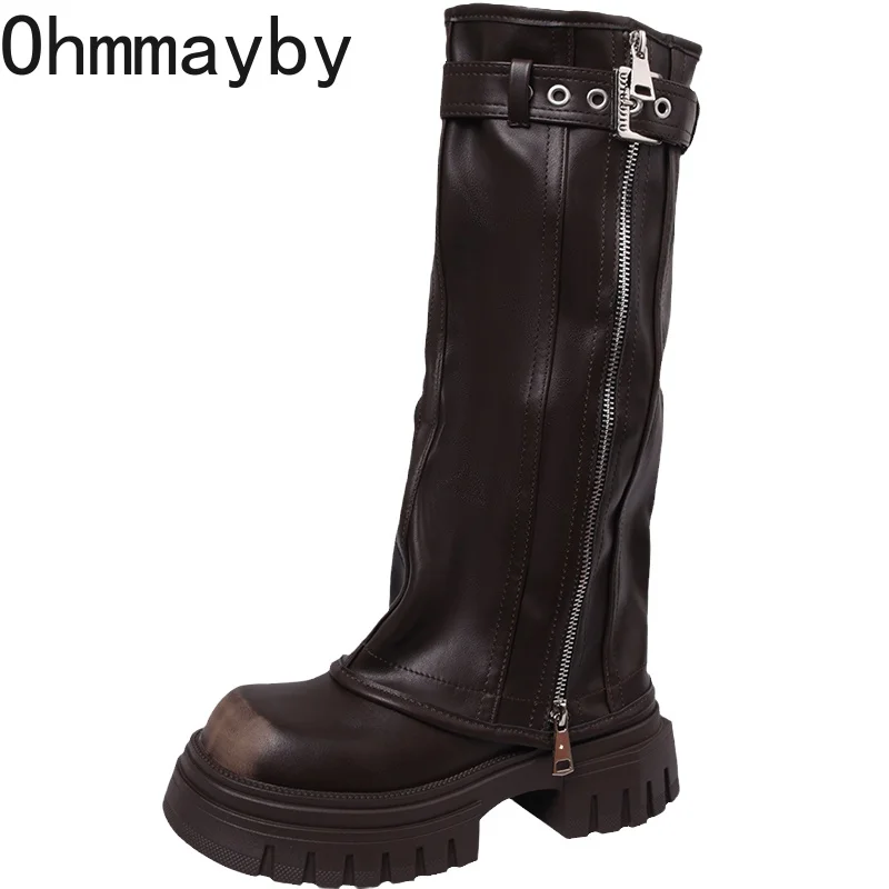 Platform Heel Knee High Boots Women Fashion Ladies Belt Buckle Knight Long Boots Autumn Winter Women's Thick Heel Shoes