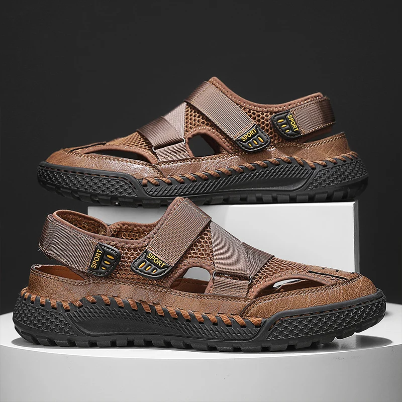 Breathable Men Shoes Hollow Out Sandals Men Handmade Outdoor Beach Close Toe Non Slip Flats Indoor Slippers Mesh Casual Shoes