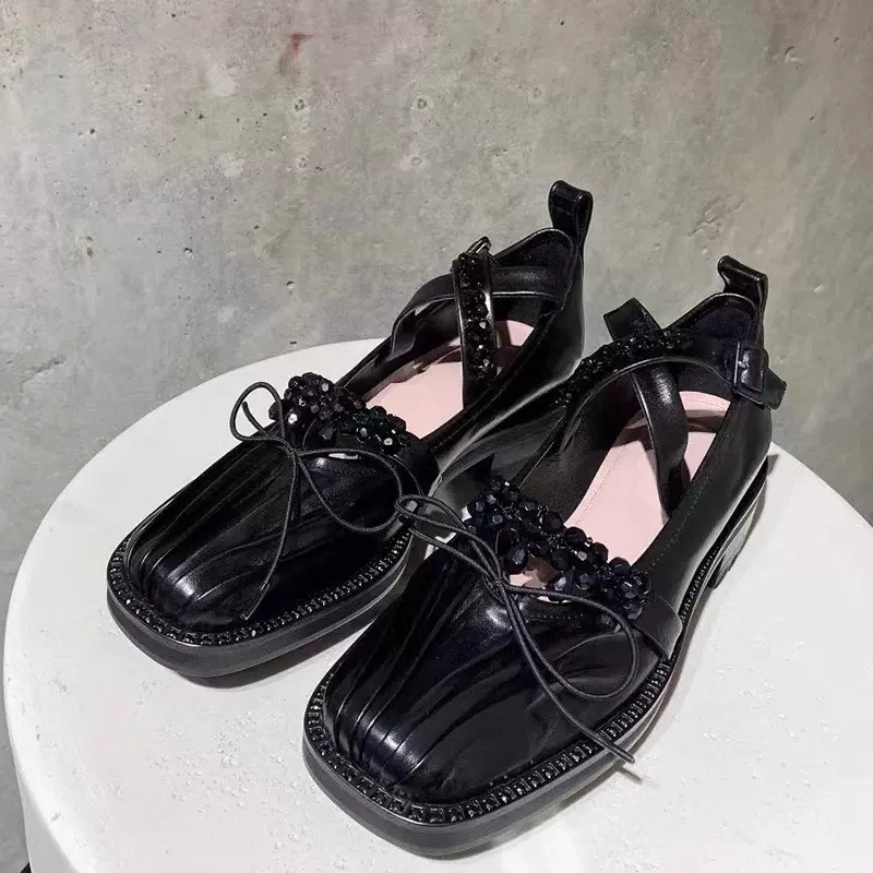 e4f47 Ballet Women Spring Fashion Fretwork Prints Flat Woman Round Toe New Rhie Buckle Solid Color Casual Design Shoes