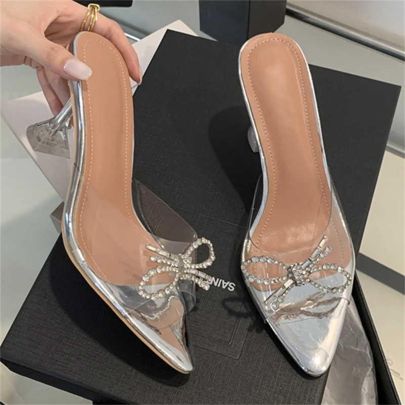 Eilyken CRYSTAL Dias Butterfly-Knot PVC Transparent Women Slippers Summer Sier Clear High Heels Banquet Dress Shoes b0ba eb3