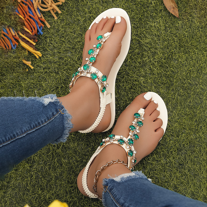 Crystal Shiny Flat Women 2024 Summer Clip Toe Beach Gladiator Sandals Woman Plus Size 43 Bohemian New Style Flip ps Mujer 963b