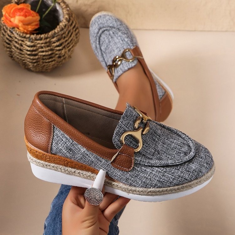 Large size womens 2024 summer new style metal buckle round toe flat casual cloth single shoes 36-42
