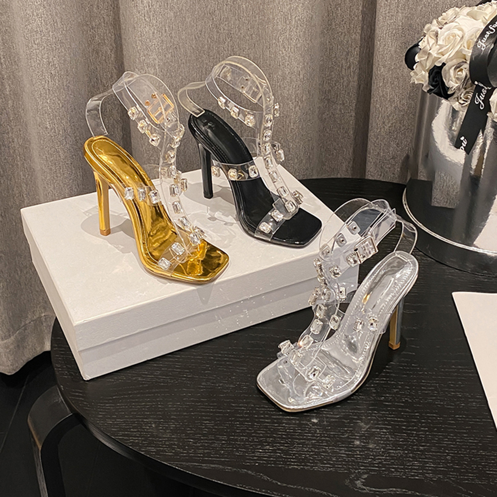 Summer Clear PVC Sandals Square Toe Stiletto High Heels Crystal Chain Ankle Strap Party Prom Shoe Elegant Designer Pumps