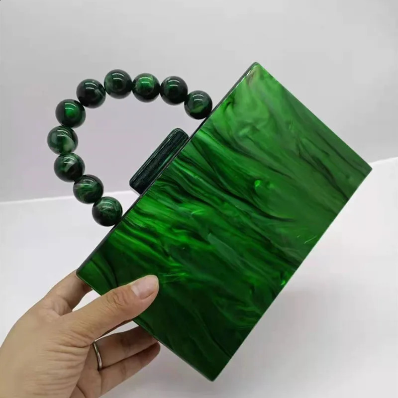 18X11 cm With Bead Chain Pearl Green Marbel Womens Acrylic Evening Party Clutch Handbag er Perspex Purse for Wedding Party 240903