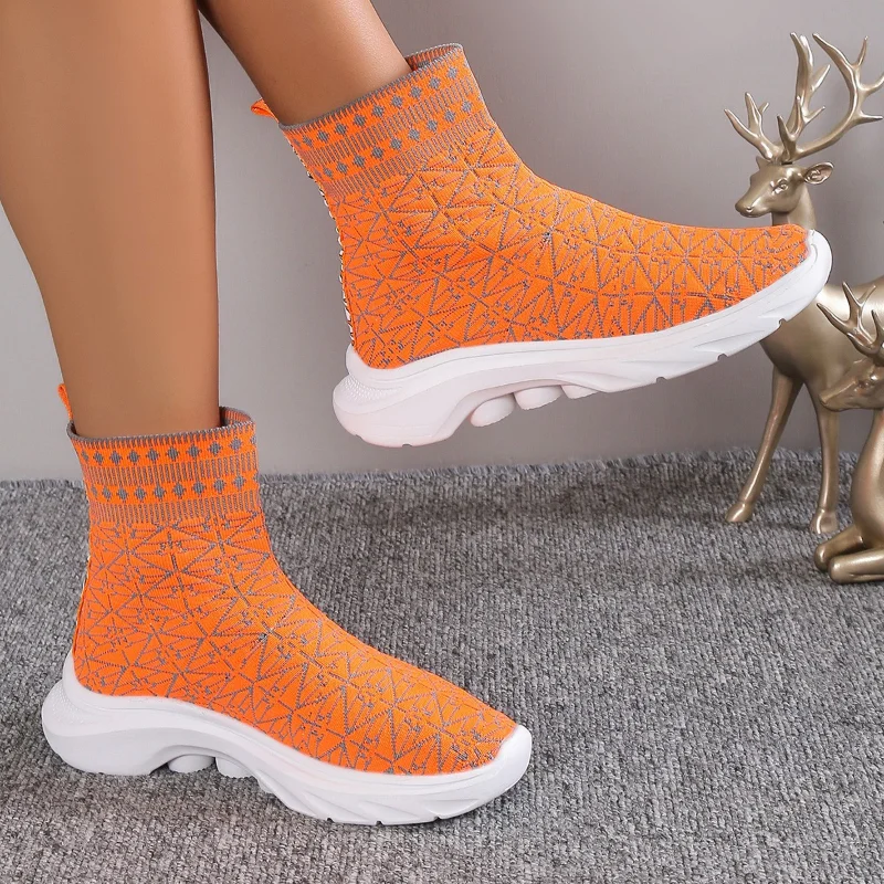 Chunky Platform Fashion for Women 2024 Autumn Slip-On Elastic Knitted Ankle Woman Mid-calf Boots Sock Shoes Size 43 0021