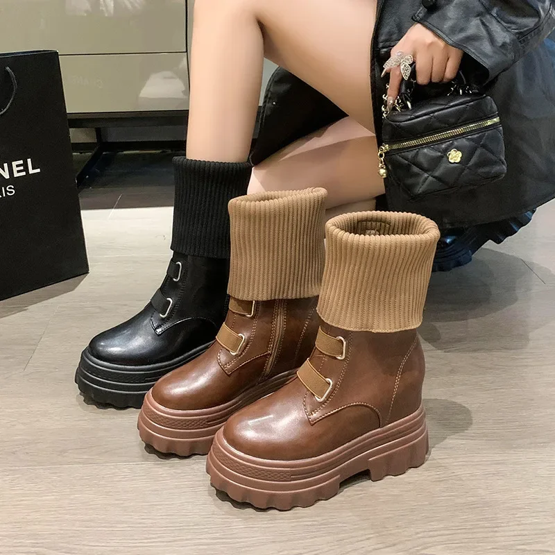 Platform Women Gothic Elastic New Band Wedges Boots Frosted Leather Thick Sole Punk Internal Increated Short Botas Mujer