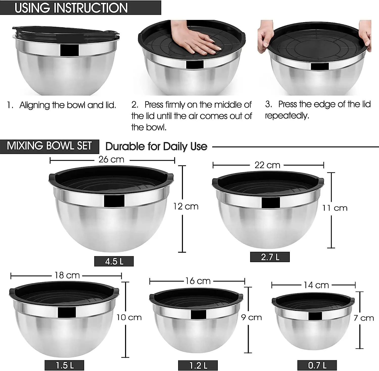 Mixing Bowl Set of 5 Stainless Steel Nesting Bowl with Airtight Lids Metal Salad Bowls for Baking Serving 240902