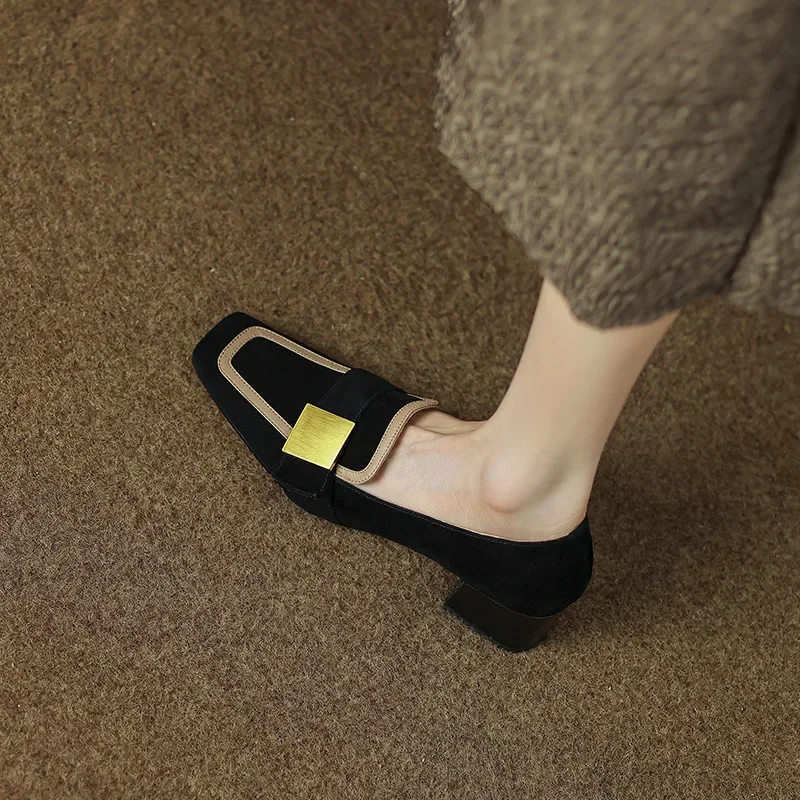 Women Retro Buckle Loafer Flat French Autumn Fashion Elegant Square Toe Chunky Heels Pumps Party Casual Shoes