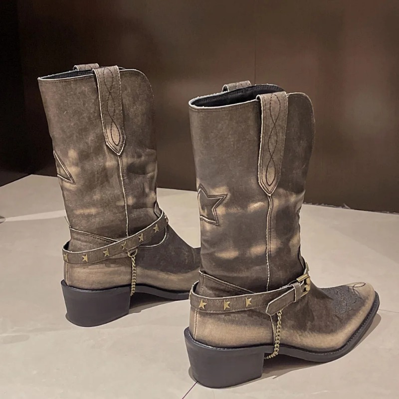 2024 New Vintage Cowgirls New Western for Metal Chain Cowboy Fashion Music Festival Women Shoes Mid-Calf Boots