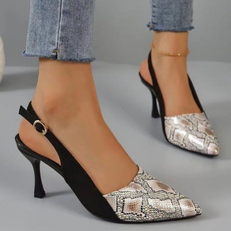 2025 new New High Heels Mules Sandals Women Fashion Snake Pattern Thin Heeled Shoes Woman Back Strap Pointed Toe Sandalias 80c2