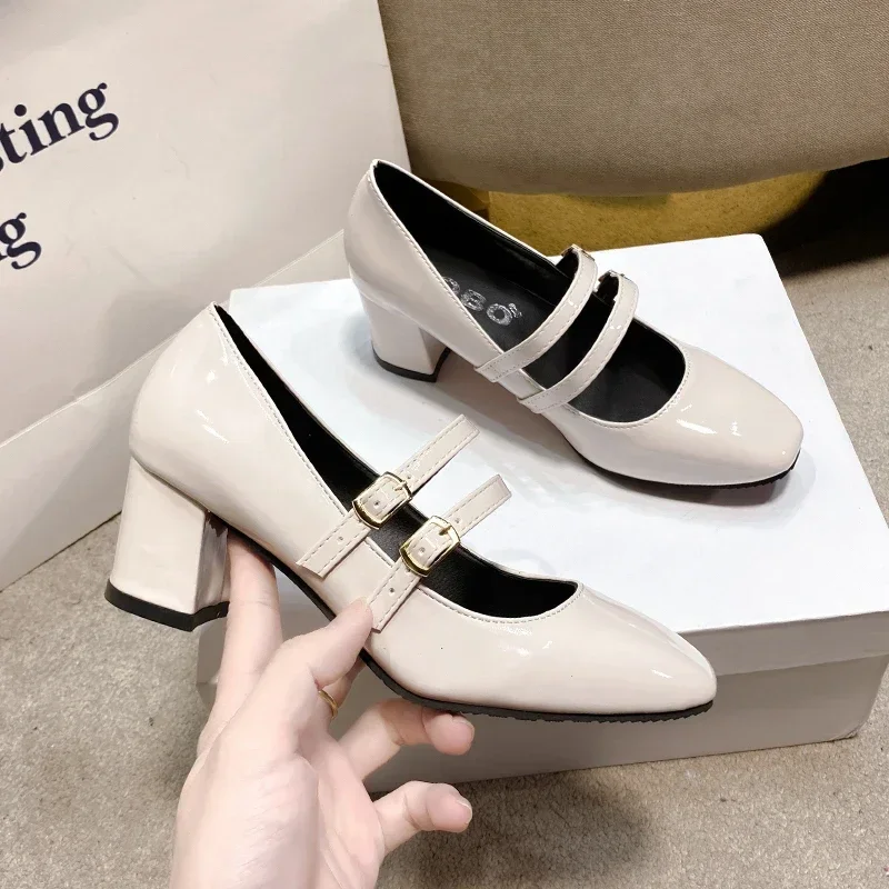2024 Spring Autumn Women Double Buckle Mary Janes Patent Leather Dress Head Square Heel Solid Color Women's Shoes 1451