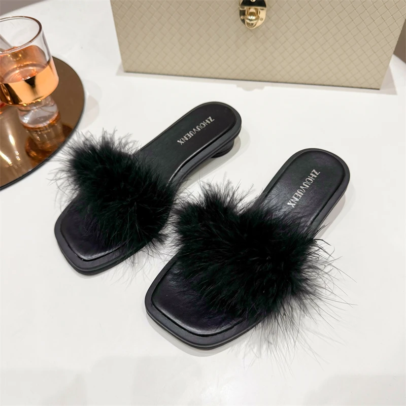 Fluffy Summer Ostrich Feather Slides Women Sandals Flip ps Indoor Slippers Flat Shoes 508d