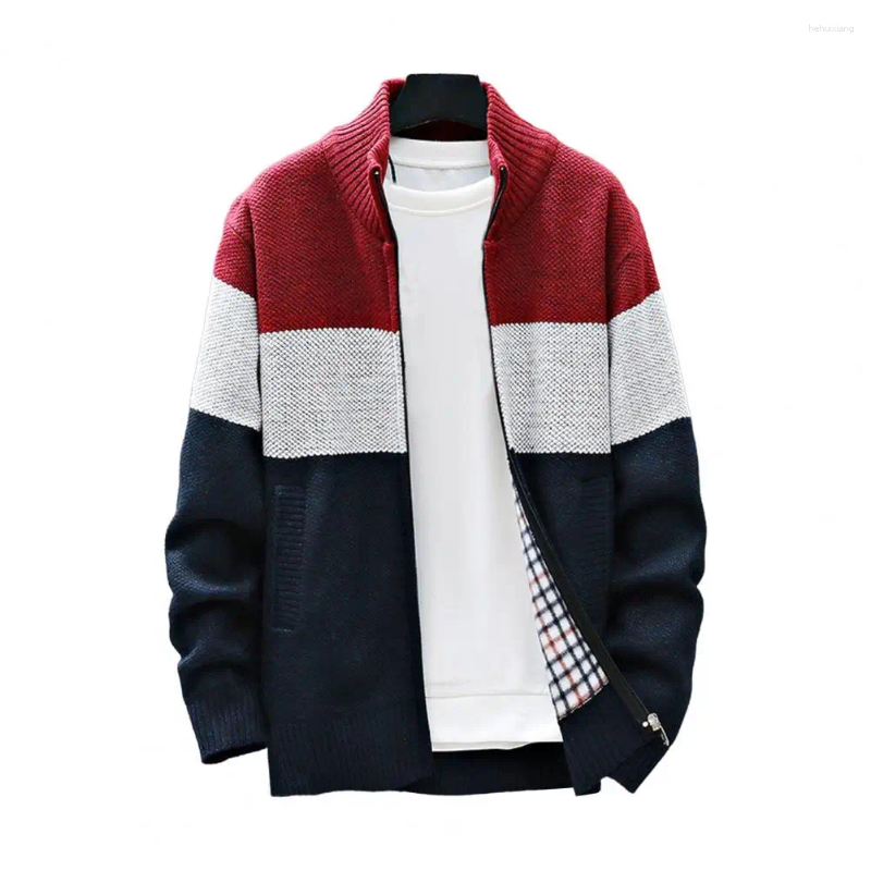 Men's Sweaters, Zip-Up Knitted Coat With Plush Ing, Stand Collar, Color Block Design, Daily Casual Outwear