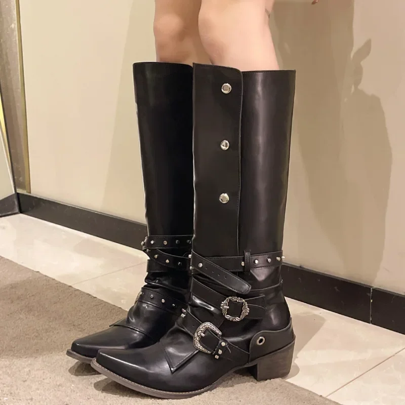 Women Metal Doctor Thick Heeled Black Boots Autumn Pointed Toe Pu Leather Mid Calf Boots Woman Motorcycle Boots Big Size 43