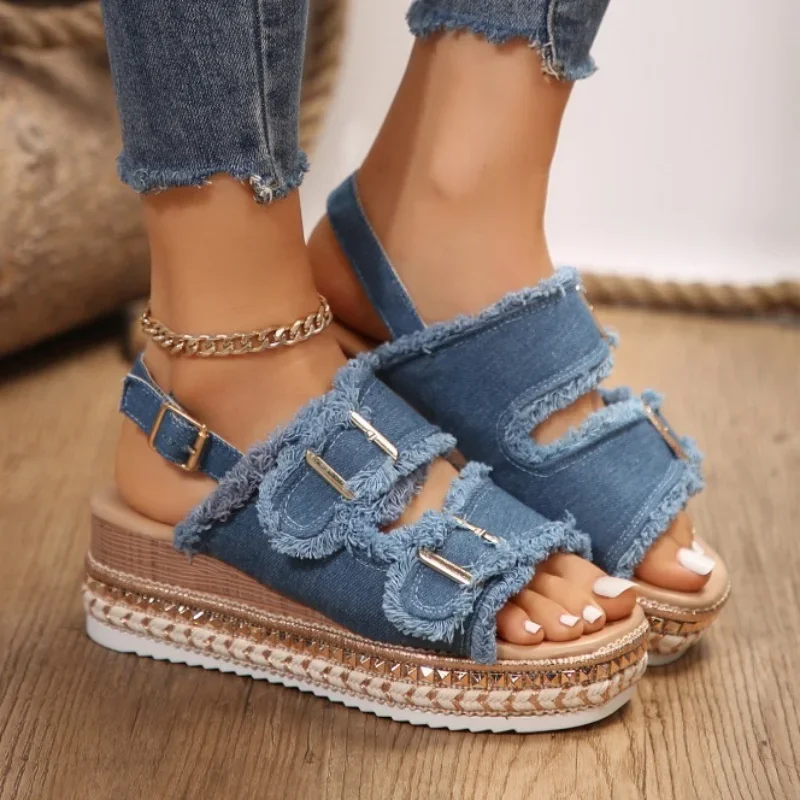 2025 new Women Chunky Platform Wedges Female Summer Blue Denim Beach Sandals Woman Ankle Straps High Heels Sandalias Plus Size 42 0530