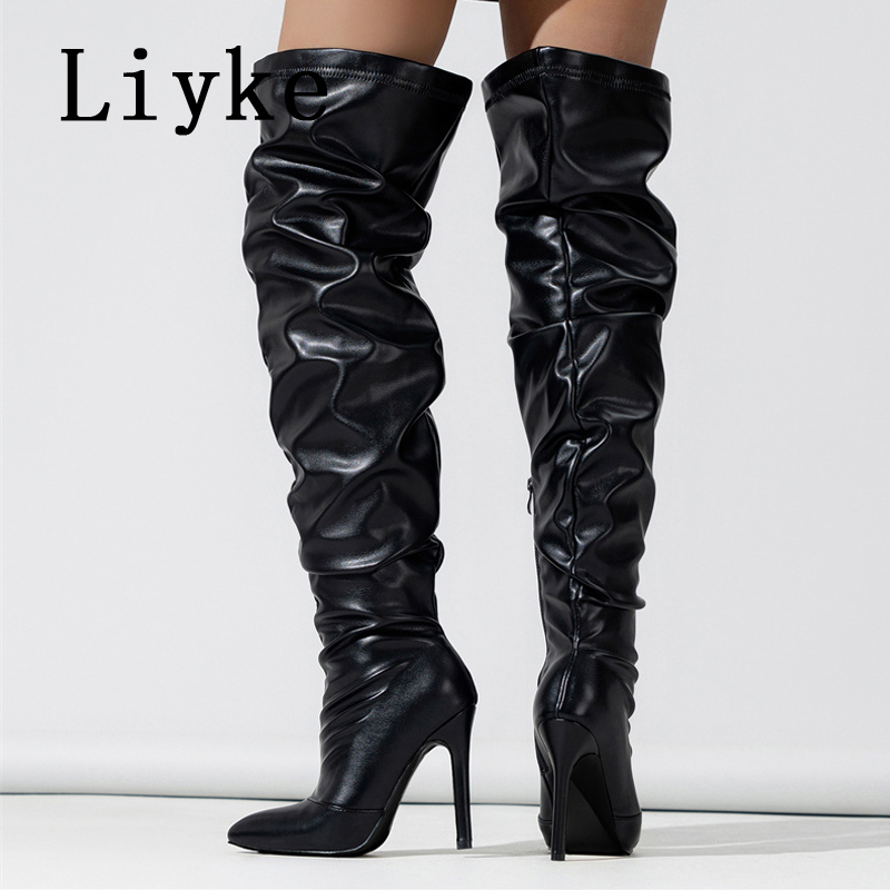 Liyke Autumn Winter Thigh High Over The Knee Boots Women Cozy Pleated Leather Pointed Toe Stiletto Heels Zip Motorcycle Shoes