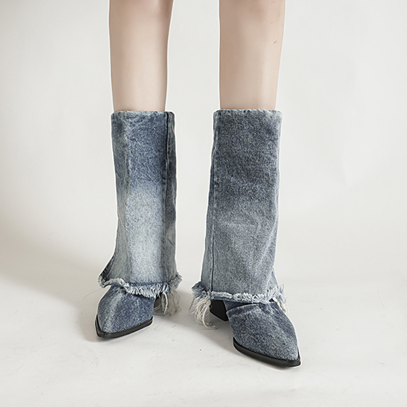 2025 new Blue Denim Cowboy for Women Autumn Mid Calf High Heels Western Boots Woman Pointed Toe Thick Heeled Jeans Shoes