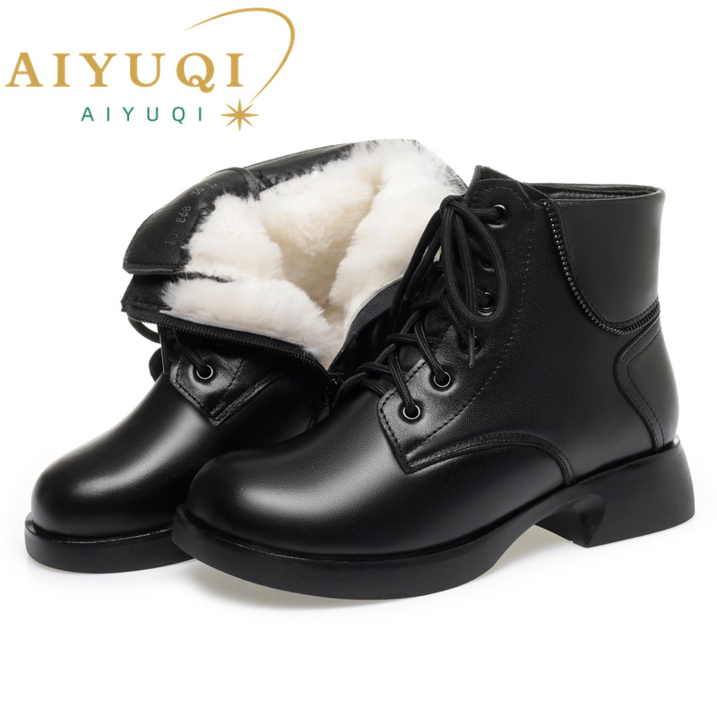 AIYUQI Women's Marton Boots Winter 2024 New British Style Women's Snow Boots Genuine Round Toe Wool Warm Short Boots Women