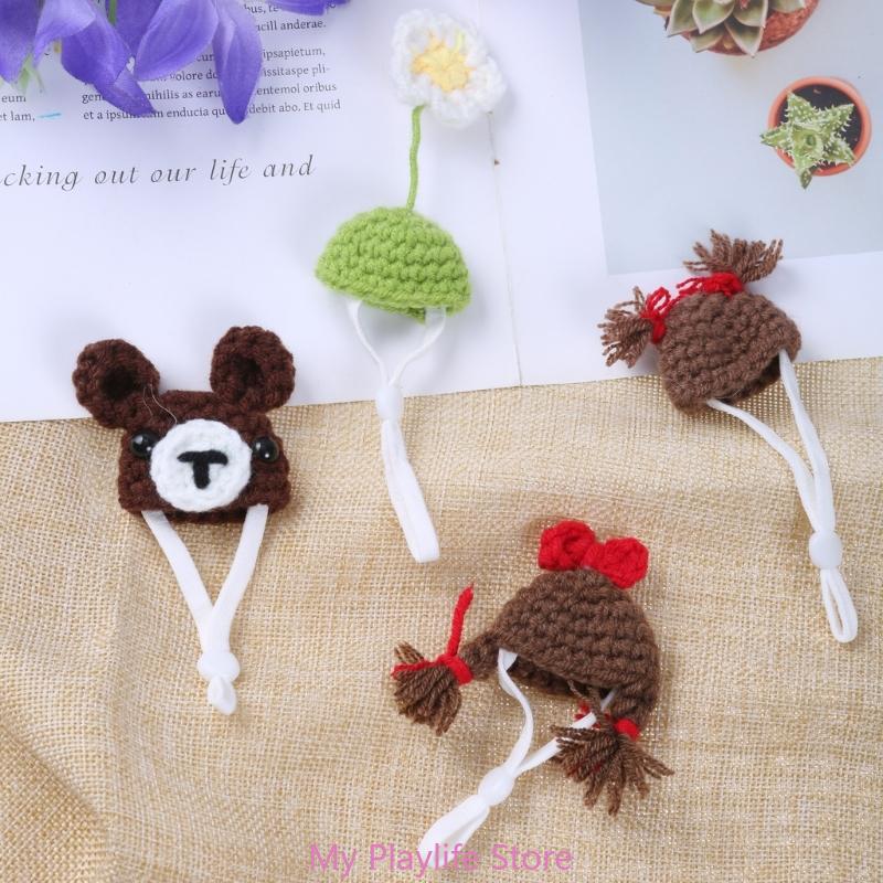 Handmade Crochet Small Pet Hat Adjustable Neckstrap Hamster Cartoon Costume Headgear Hat Winter Warm Hat Bird Headwear