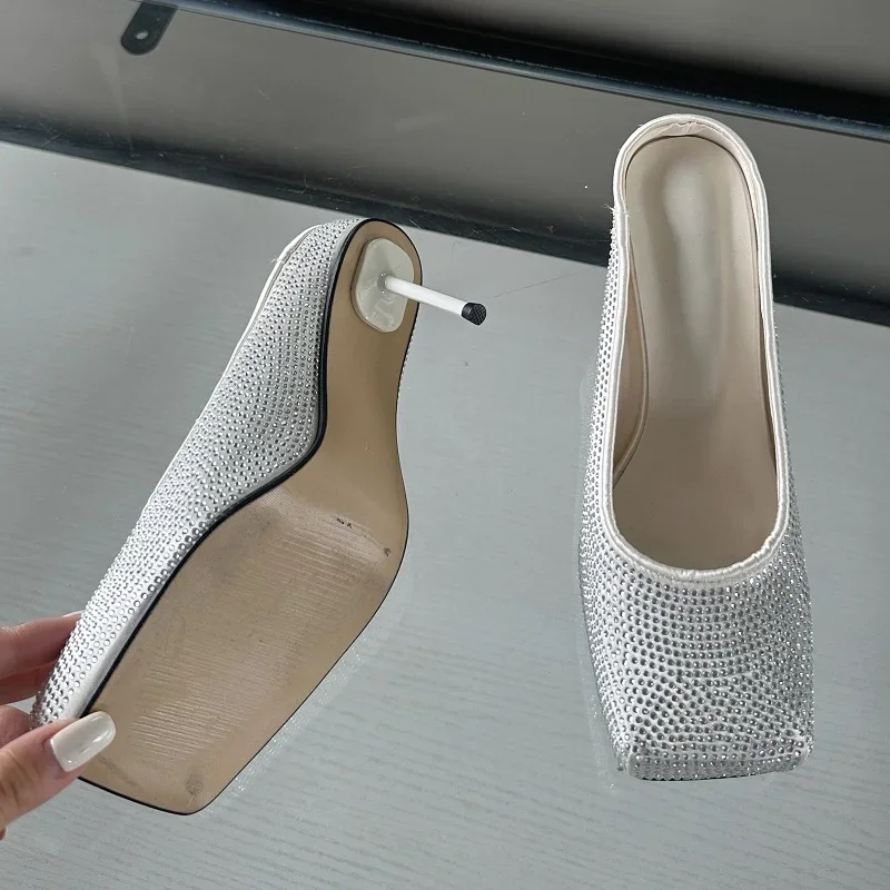 2025 new Satins Crystal Square Toe Mules for Women New Slide Slippers Sexy Thin High Heels Shoes Party Banquet Ladies Pumps c836