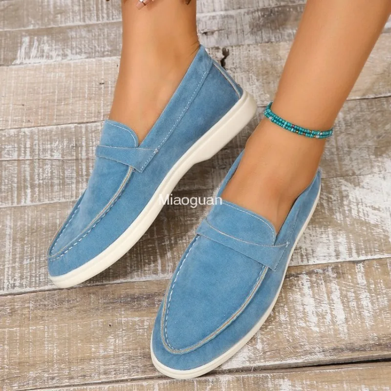 Leather Nude Suede Flats Women Loafers Spring Autumn Walk Moccasin Metal Lock Tassel Soft Sole Mules Causal Slip on Shoes