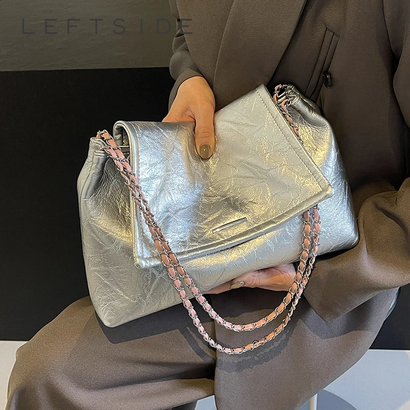 LEFTSIDE Small Sier Crossbody Bags for Women Korean Fashion Handbags and Purses Leather Chain Shoulder Bag 240903