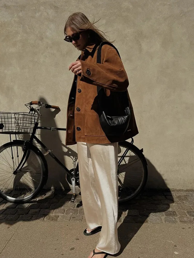 Retro Brown Suede Leather Blazer Lapel Casual Single Breasted Loose Pocket Women Jacket 2024autumn Fashion Commute Street Coats 240903