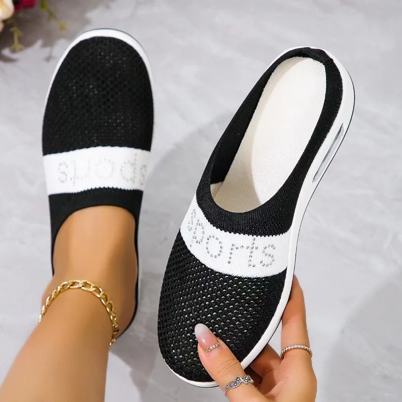 2024 New Women Mesh Flat Shoes Half Thick Bottem Slip on Casual New Sandals Breathable Slides Slippers d574 pers