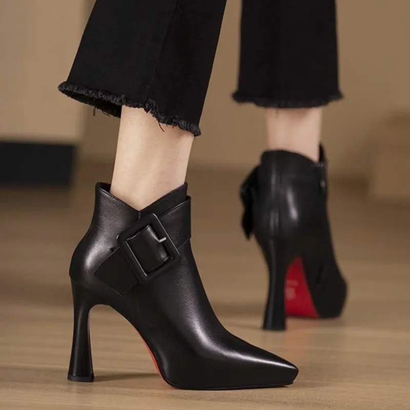 Sexy Pointed Toe Black High Heel Spring Winter PU Leather Zip Design for Women Elegant Belt Buckle Ankle Boots