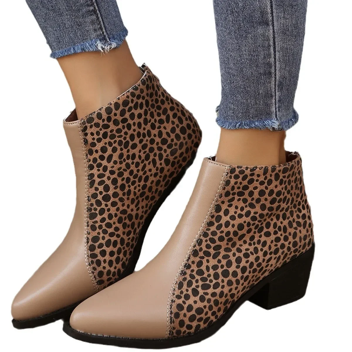 for Shoes Women Leopard Ankle Woman Pointed Toe Patchwork Short Barrel Chunky Heel Large Size Western Boots 2024 1a74