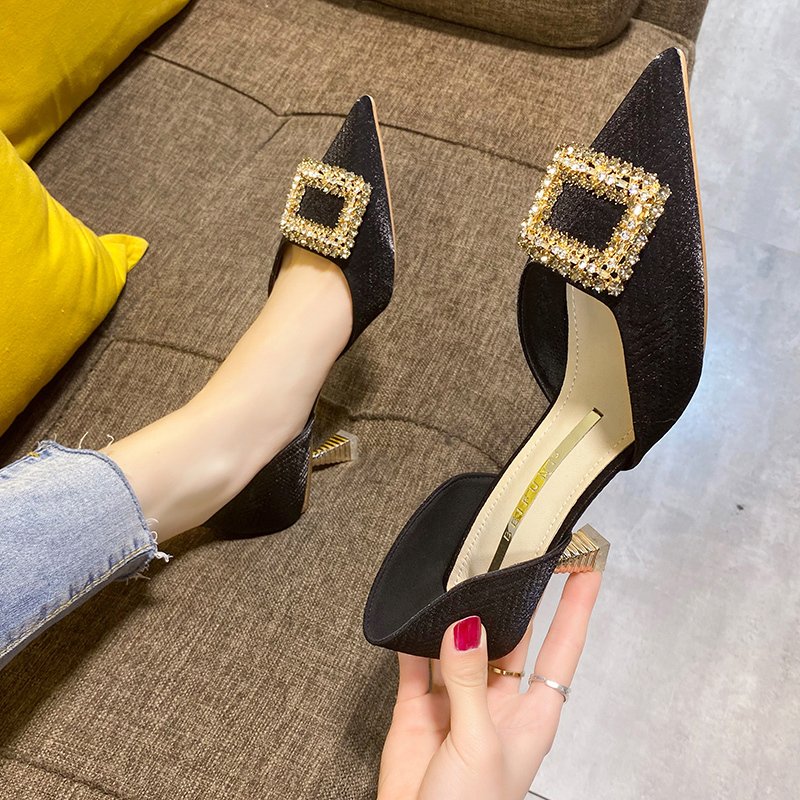Glitter Rhinestone Square Buckle Decor Party Prom Shoes Temperament Mid Hollow Pointed Toe Ladies Pumps Thin Heels High Heels