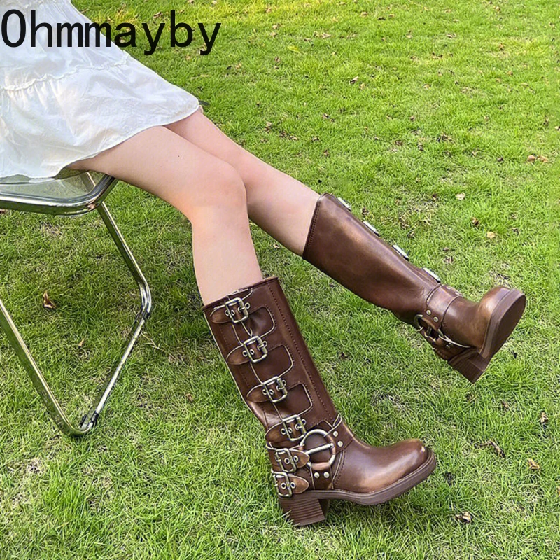 Autumn Designer Winter Women Knee High Fashion Ladies Belt Buckle Knight Long Boots Women's Square Heel Shoes a4cf 's