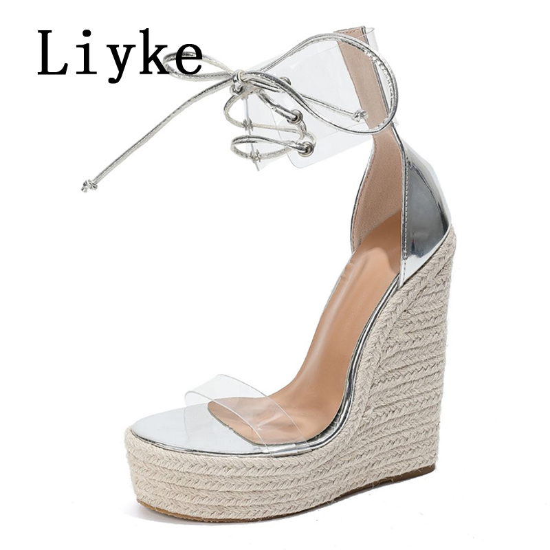 Liyke PVC Transparent Sandals For Women 2024 Summer High Quality Straw Rope Weave Platform Wedge Shoes Open Toe Lace Up Heels