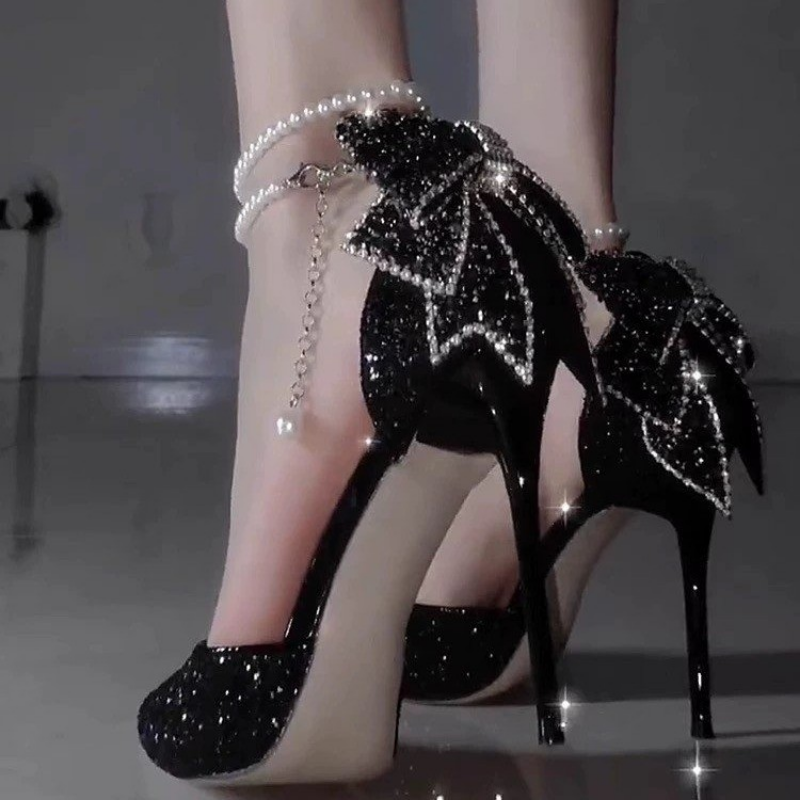 Black Pointy Women Sequin New Bow High Wedding Shoes Female Designer Elegant Pearl Party Sandals Dress Dance Sexy Heels